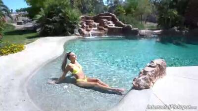 Beautiful blonde in a yellow bikini, Emma Hix is about to have an interracial, mmf threesome on vidgratis.com