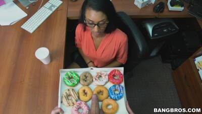 Curvy ebony at the office in her first porn POV tryout on vidgratis.com