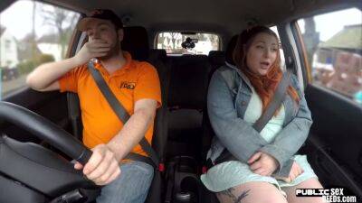 Curvy ginger inked babe publicly fucked in car by instructor on vidgratis.com
