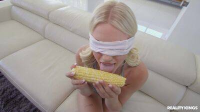 Blind folded blonde takes the big tool in both her juicy holes on vidgratis.com