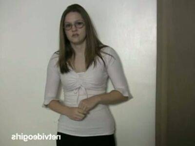 Ugly pale nerd in glasses Amy kneels down to suck a tasty cock for gooey cum on vidgratis.com