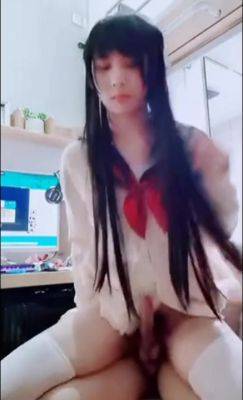 Horny Dude Is Excited To Find a Dick Under the School Uniform Of His Asian Trans-GF on vidgratis.com