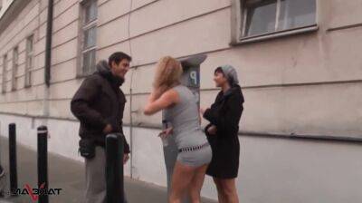 Anita and Emilia pick up slim man on the streets to take him into their bang van on vidgratis.com