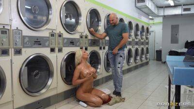 Curvaceous blonde damsel with big tits pleasures JMac in the laundry on vidgratis.com