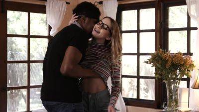 Nerdy young blonde shares passionate moments fucking a black lover on vidgratis.com