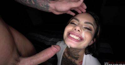 Sweet babe with sexy tattoos gets intimate with a big dick until sperm covers her face on vidgratis.com