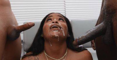 Ebony with huge tits soaked in sperm after crazy MMF perversions on vidgratis.com