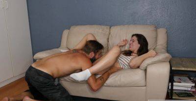 Cute brunette shares moments of lustful passion on the couch on vidgratis.com